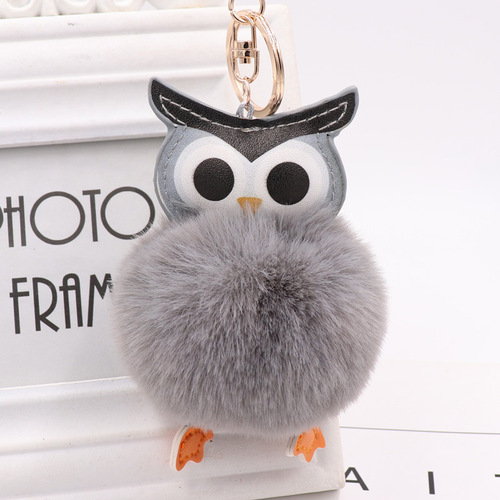 Cute owl fur ball keychain PU leather cartoon plush doll pendant bag car pendant gift