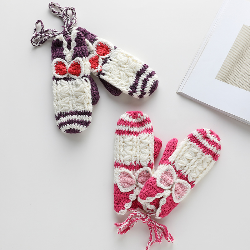 韩版秋冬季可爱卡通儿童学生女士粗毛线连指手套加厚加绒手套包邮