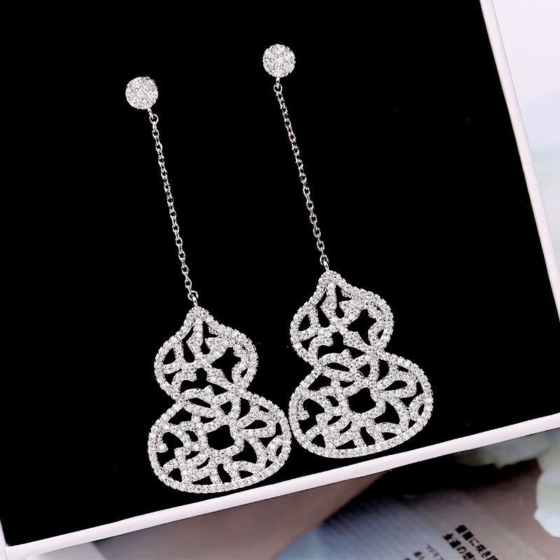 Earrings Large Gourd Long Silver Needle Earrings Lace Hollow Earrings Zircon Long Earrings Wholesales  Fashion display picture 11