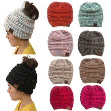 欧美亚马逊ebay速卖通cc贴标 针织马尾帽 女士点纱彩点毛线帽子