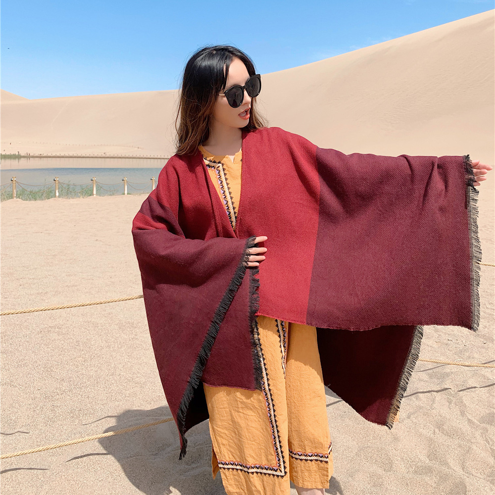 2019新秋冬女士斗篷式复古民族风保暖加厚针织仿羊绒开叉长款披肩|ms