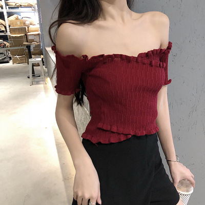 9个色爆款实拍夏季甜美性感木耳边一字领百搭露肚脐短袖针织衫