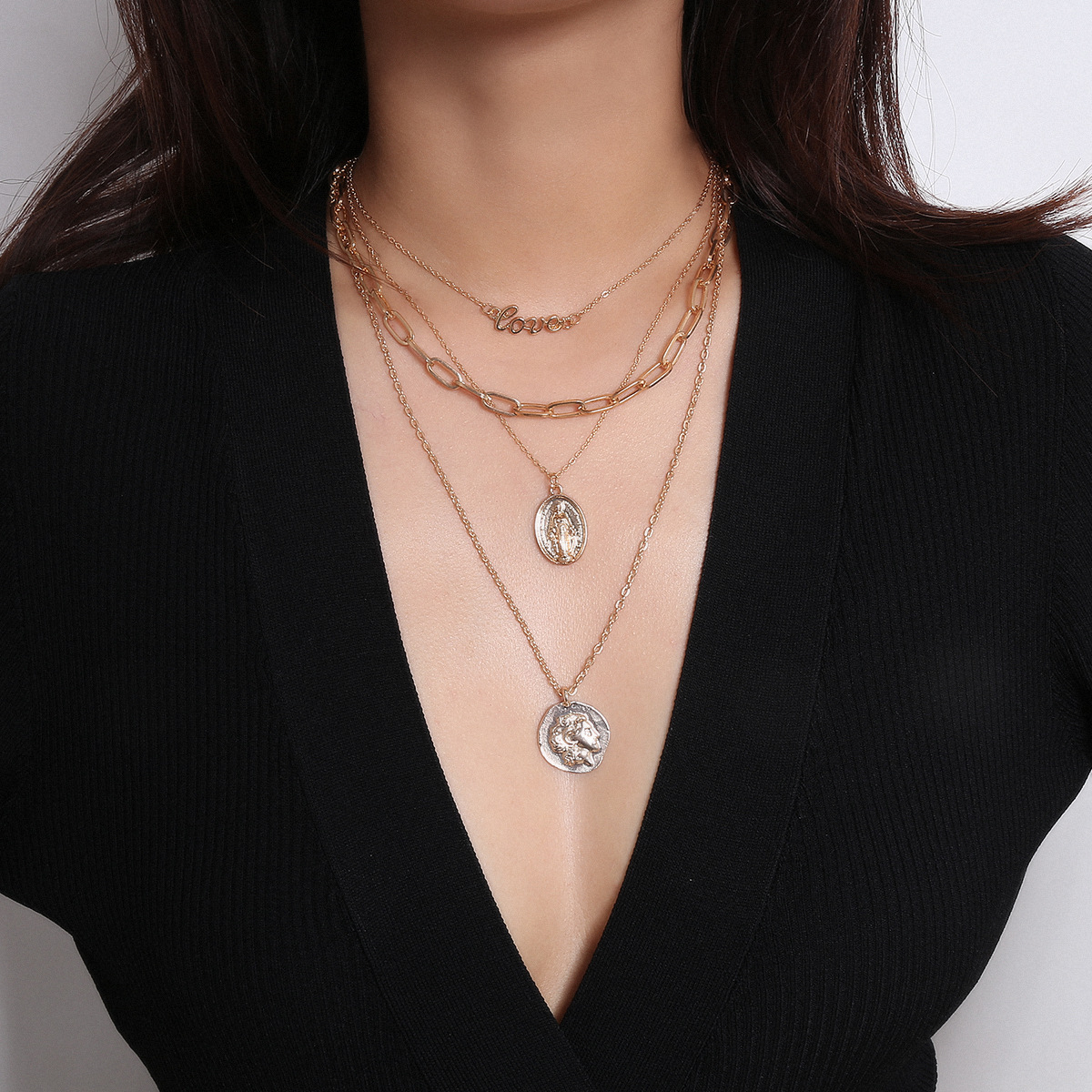 欧美跨境饰品 个性浮雕love字母项饰女 复古叠搭时尚多层人像项链