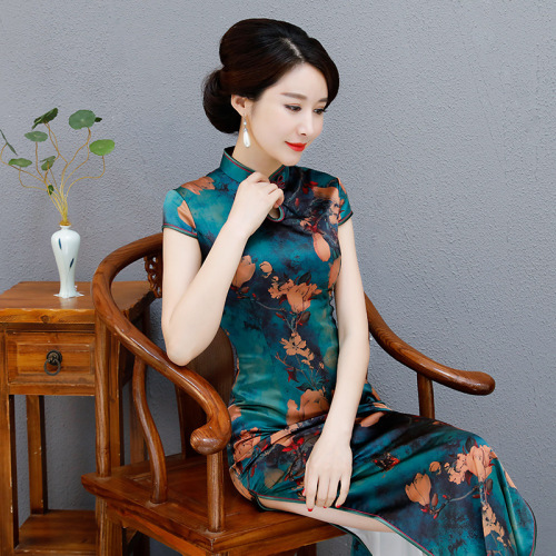 Chinese Dress Qipao for women cheongsam long double stand collar Short Sleeve Dress