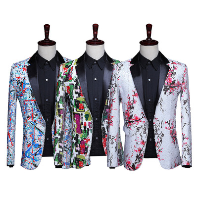 Colorful printing floral sequins jazz dance singer host stage performance blazer dress suit for men male stage coats singer DJ host nightclub bar performance jackets