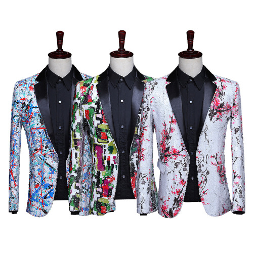 Colorful printing floral sequins jazz dance singer host stage performance blazer dress suit for men male stage coats singer DJ host nightclub bar performance jackets