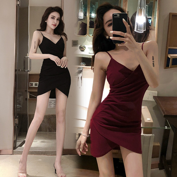 V-neck low cut cross slim fit with hip wrap sexy dress