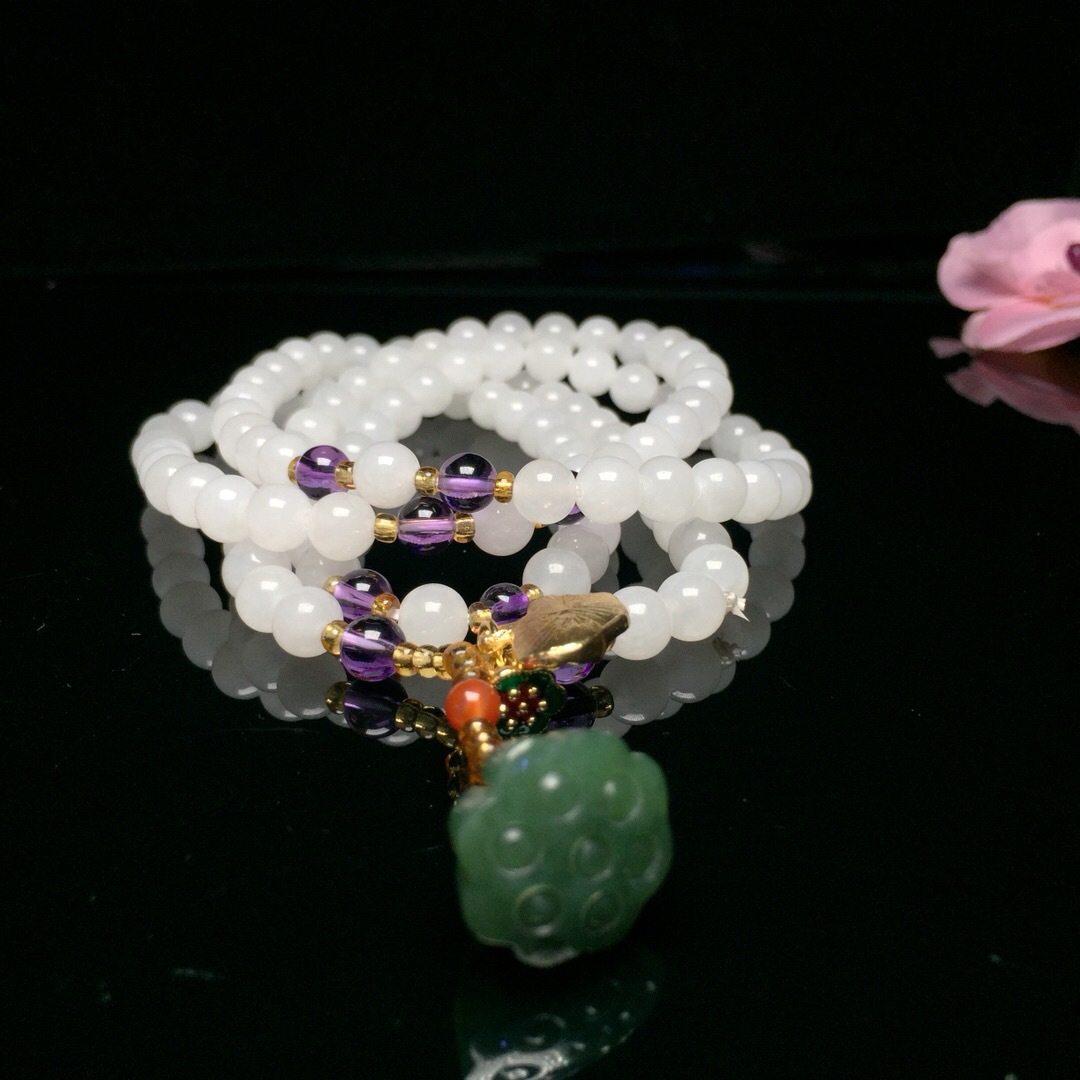 Wada Jasper Lotus Lotus seed Jade Pendant Wada White jade 7mm bead 108 Necklace Sweater chain 3 Bracelet