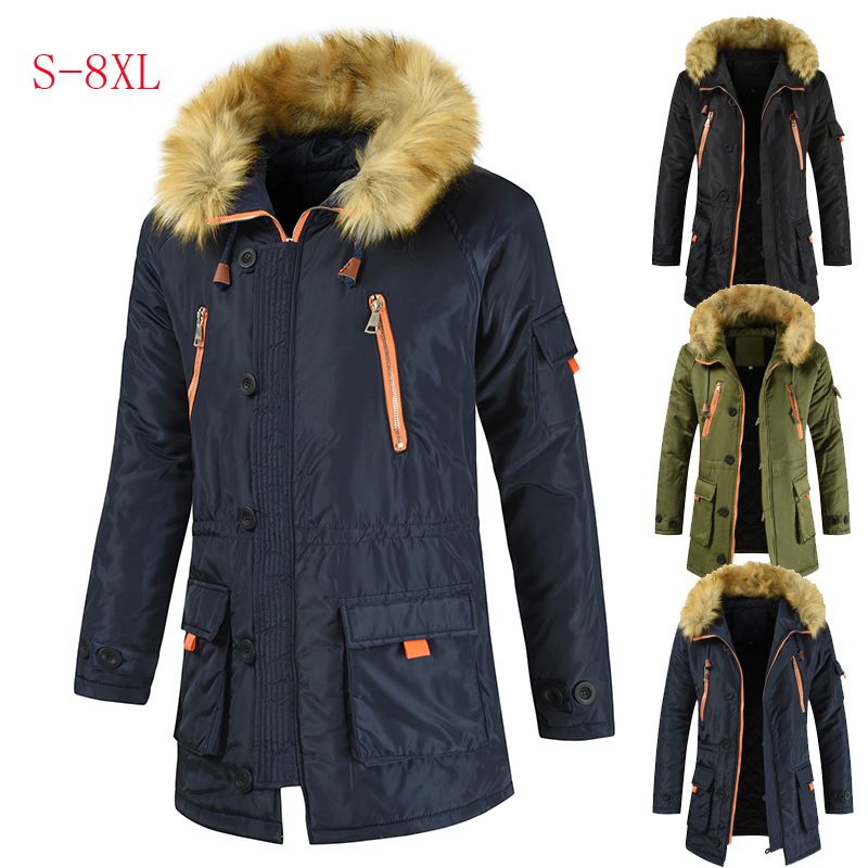 2019 men's new medium long cotton padded jacket with plush warm wool collar couple coat for men's casual large zipper cotton padded jacket