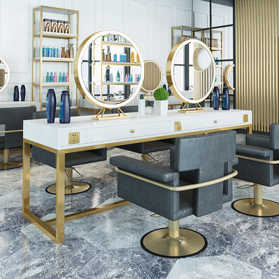 潮款理发店壁挂镜简约发廊烫染单双面镜影楼化妆台美发店镜台带灯|ms