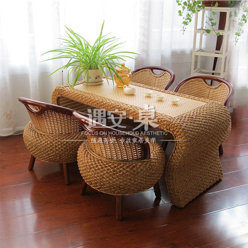 遇安手工藤编民宿茶室会所客厅加高茶几阳台仿古茶桌古琴桌椅套装|ms