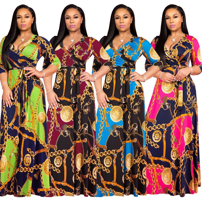 [Spot] YM-8349 Independent Station Amazon Hot Sexy V-Neck Exquisite Printed Large Size Dress