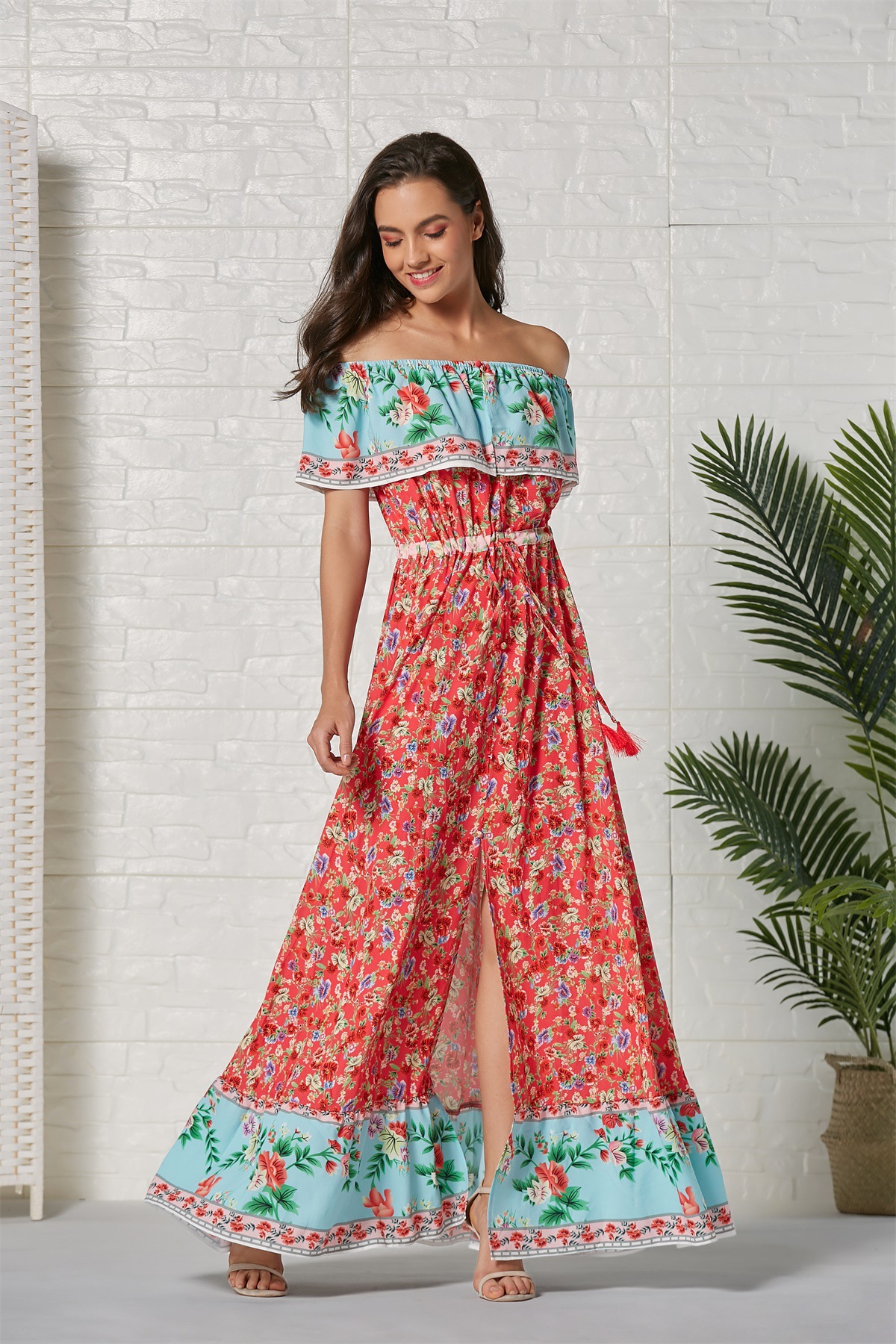 bohemian off-shoulder ruffle print long dress  NSSE53380