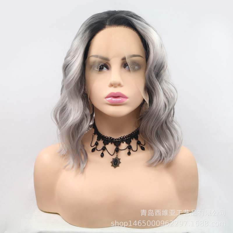 Amazon AliExpress hand hook front lace chemical fiber wig free gradient silver gray short curly hair a generation of hair