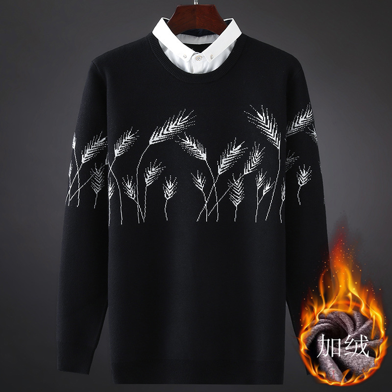 保暖冬裝針織衫襯衫領男士襯衣領學生韓版修身加絨假兩件毛衣男潮