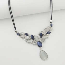 速卖通热款韩版猫眼石吊坠项饰气质典雅简约双层皮绳项链