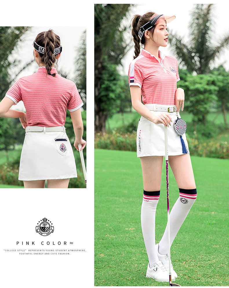 Bộ đồ golf nữ tay ngắn sọc mùa hè — YF075-màu xanh đậm, YF186 nữ sọc ngắn tay màu hồng trắng, YF186 nữ tay ngắn sọc xanh đậm trắng, YF075-màu đỏ hoa hồng chi tiết 9