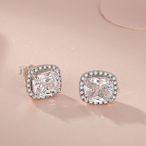 ED043 White Copper Gold Plated Silver Earrings Women's Earrings Square Diamond Color Yellow Pink Simulated Diamond Earrings