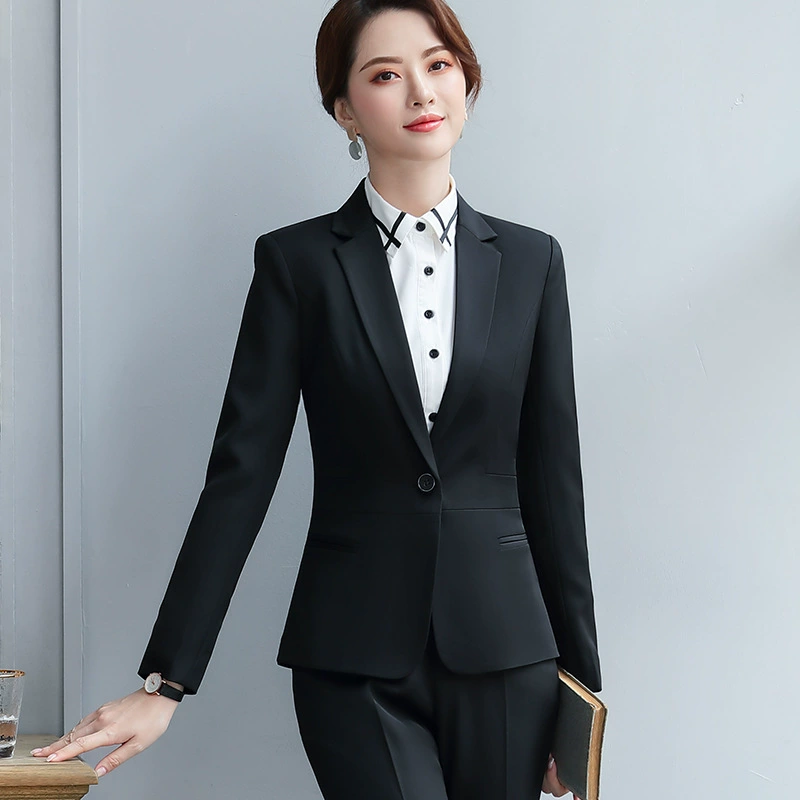 Женский черный пиджак для осени и зимы, профессиональный костюм для собеседования, комплект из двух предметов с длинными рукавами, приталенный крой, деловой стиль.