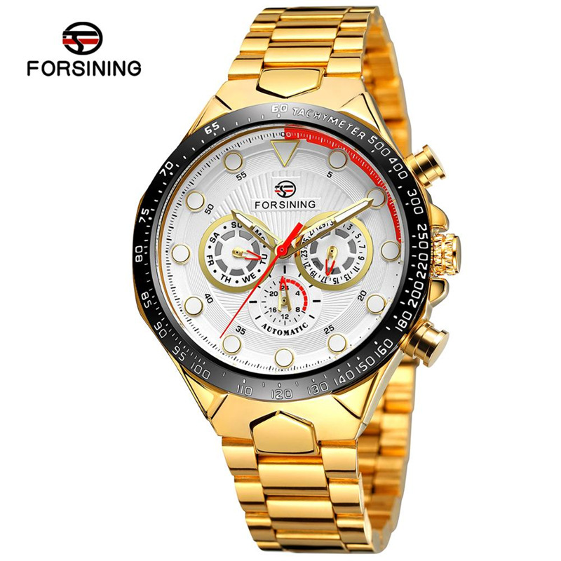 FORSINING fusini hombres moda correa de acero reloj mecánico automático reloj impermeable luminoso de seis pines 432