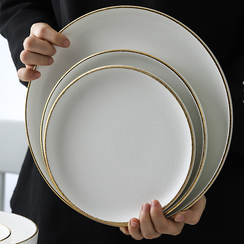 Nordic ins Borde de Oro vajilla creativa Placa de porcelana blanca de oro Punto de pulverización placa de cerámica Occidental plato de carne plato de aperitivos