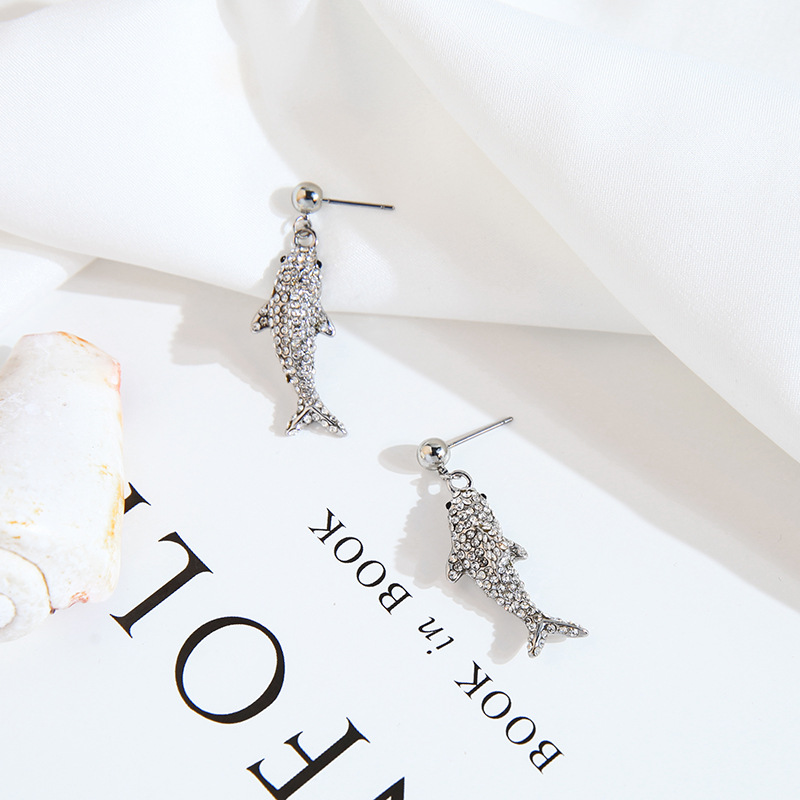 S925 Silver Earrings Long Simple Diamond Stud Earrings Fish Set display picture 9