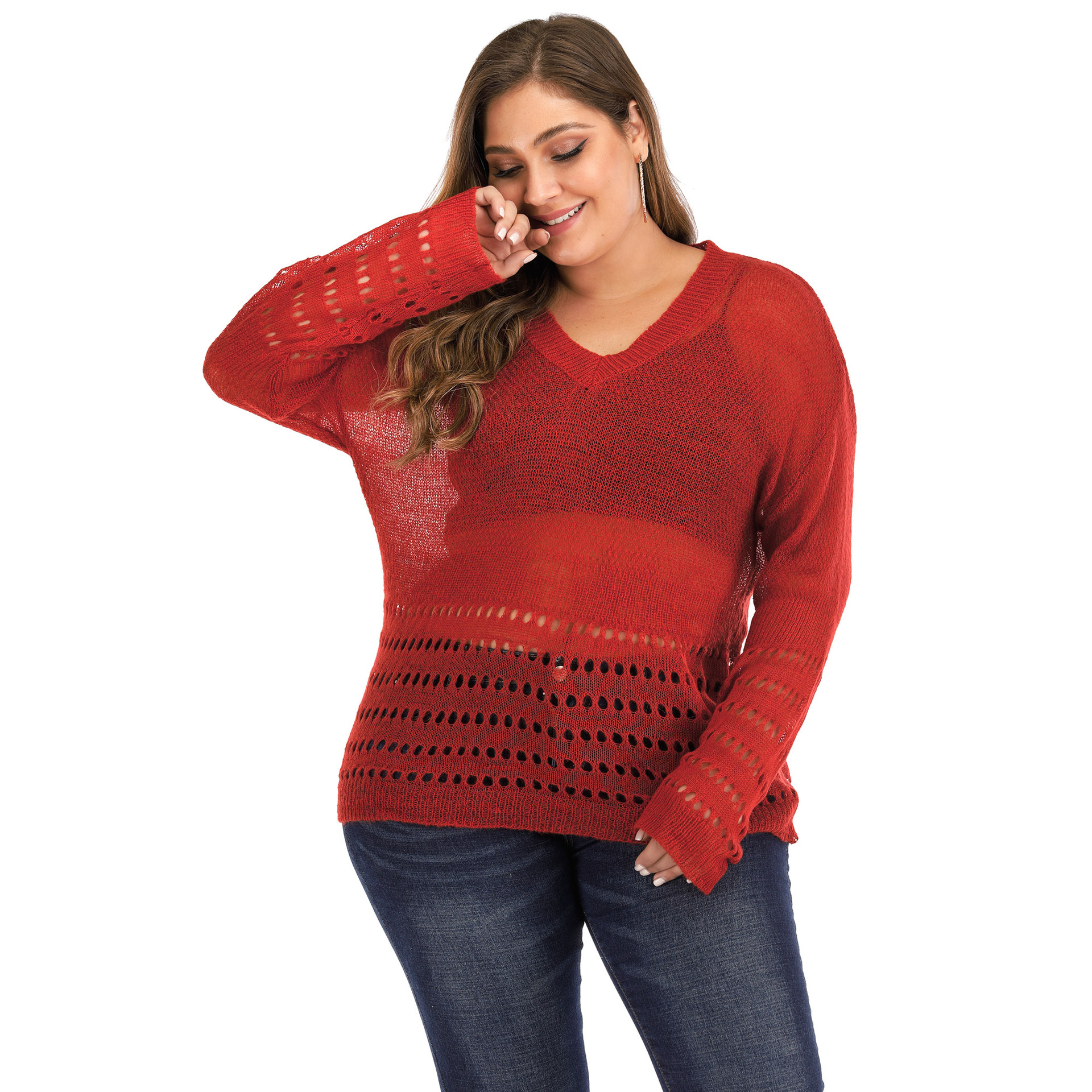 plus size thin hollow long-sleeved woven pullover NSOY51864