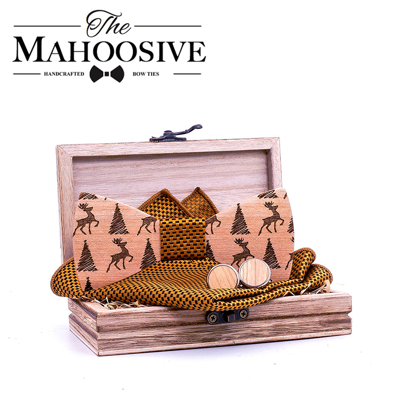 圣诞礼品麋鹿图案木制领结跨境欧美婚礼木质领结配饰袖扣logo定制