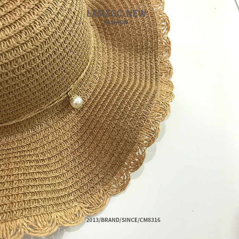 New Summer Straw Hat Ladies Korean Beach Vacation Beach Pearl Lace Bow Sun Hat display picture 3