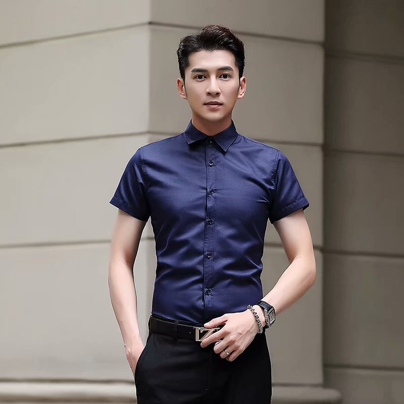 Summer Men's Solid Color Large Size Short-sleeved Shirt Korean Style Slim-fit Iron-free Shirt Black Professional Shirt Cardigan Half-sleeved