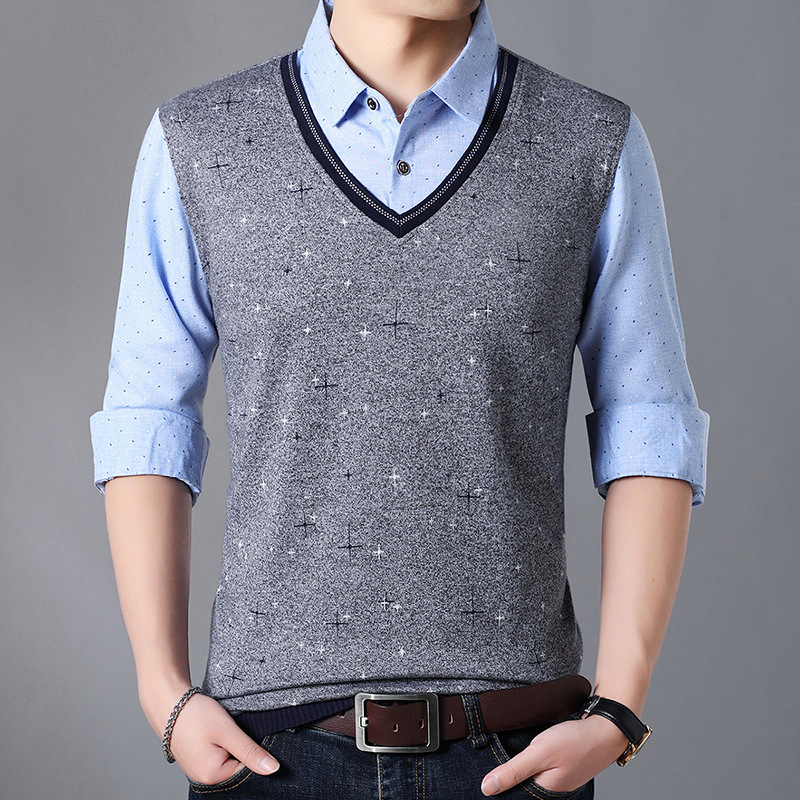 2019春秋季新款男装男式长袖衬衫韩版休闲印花假两件翻领合体衬衣|ru