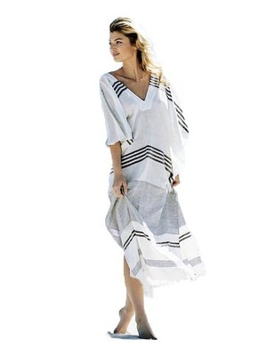 2019新款沙灘度假比基尼罩衫人棉條紋寬松V領海邊防曬衣罩衫沙裙