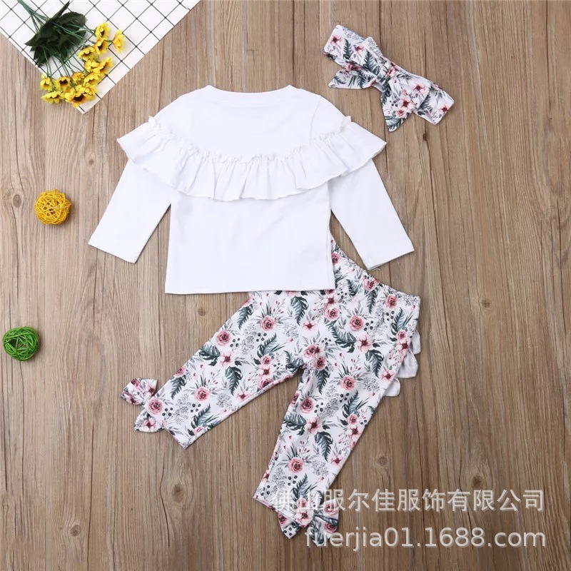 Cross border express popular girls' Lace Top + multi-layer lace printed pants + headflower