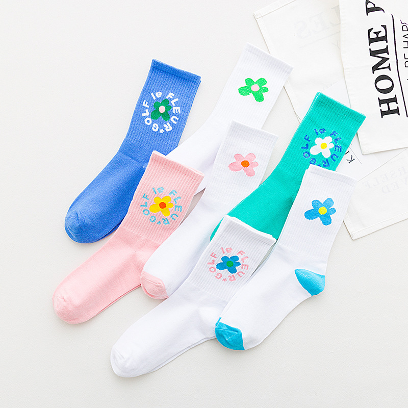 Cyber Celebrity Hyun Elegant GOLF Small Flower Socks Cotton Sports Stockings Flower Pattern Korean Men and Women Couple Skate Socks