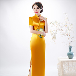 Yellow Qipao peony hot drill long waist closing cheongsam Chinese Dress Qipao for women