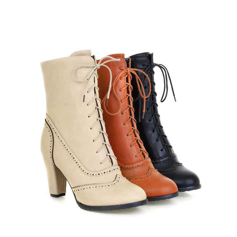 2018 Cross-Border Plus-Size Women's Boots High-Heeled Short Boots Front Lace-Up Women's Boots Black