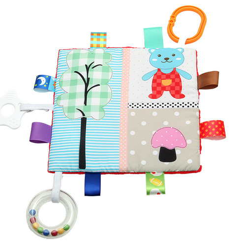 BBSKY Baby Cartoon Tag Doudou Baby Soothing Towel Single Page Rattles Teether Ring Visual Cloth Book