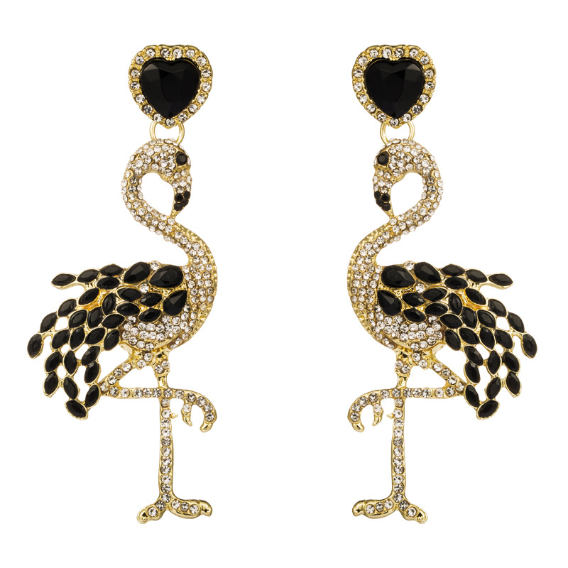 Hot Flamingo Earrings Women&#39;s Long Inlay Rhinestone Women&#39;s Stud Earrings Vintage Alloy Earrings display picture 9