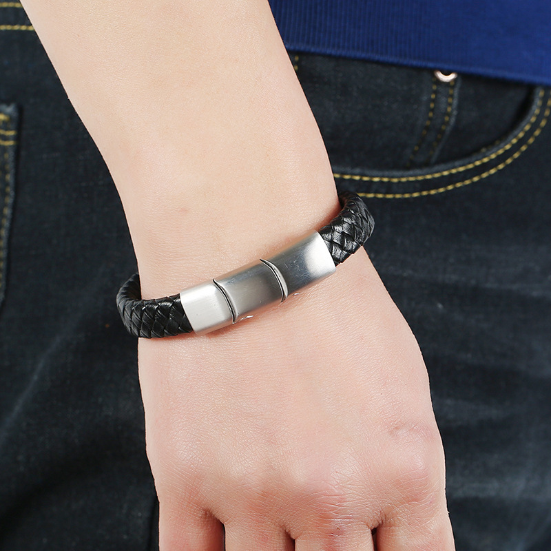 Creative steel color stainless steel menu0027s leather bracelet magnetic titanium steel jewelry