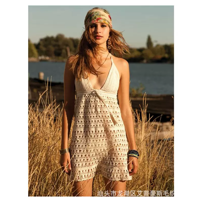 2020新款欧美性感镂空沙滩吊带裙纯棉露背手织沙滩连衣裙厂家批发