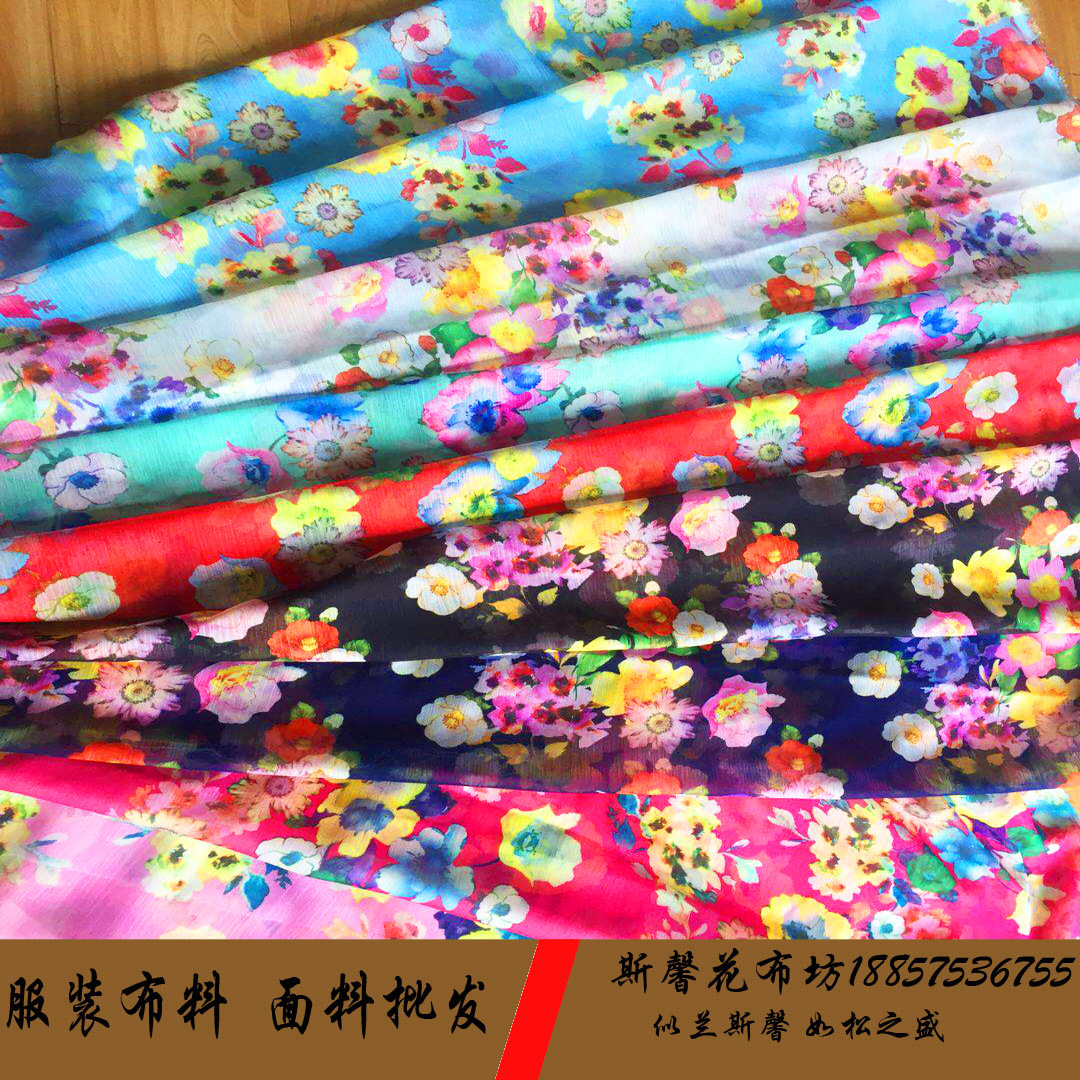 清新雅致印花裙装面料高档雪纺皱数码印花布料女装民族风舞台服