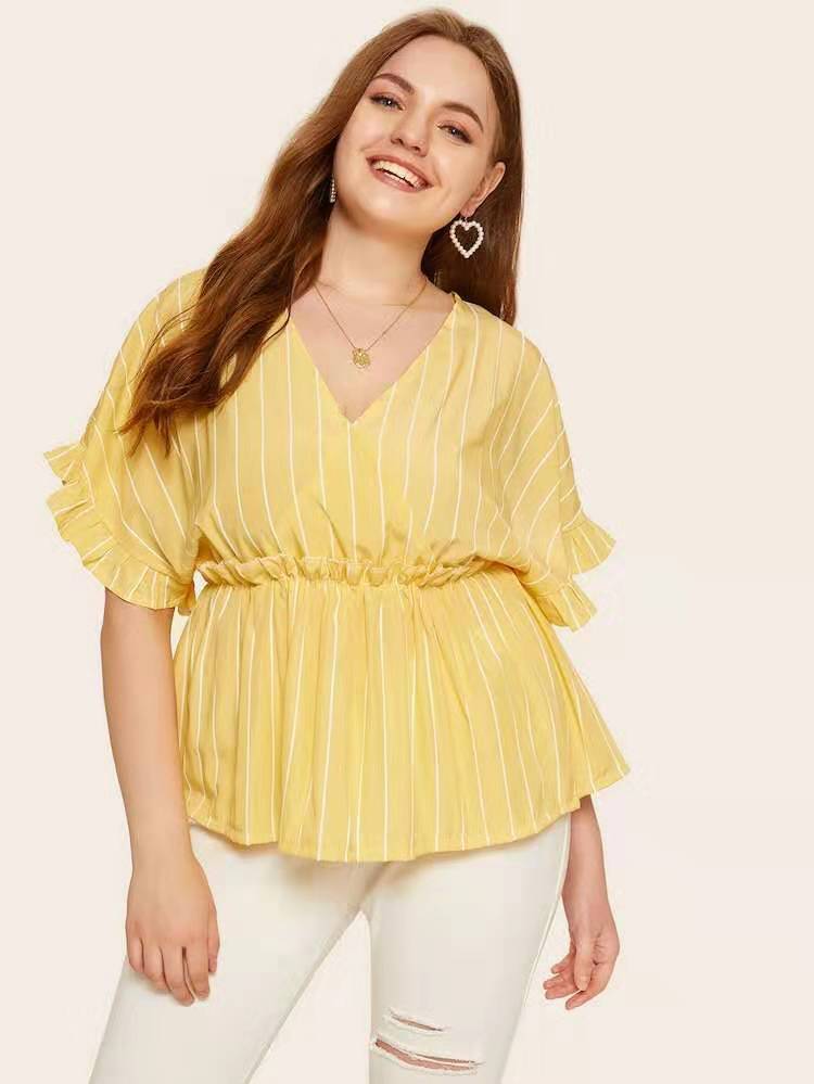 Plus Size Bat Sleeve Striped Deep V T-shirt NSCX39215