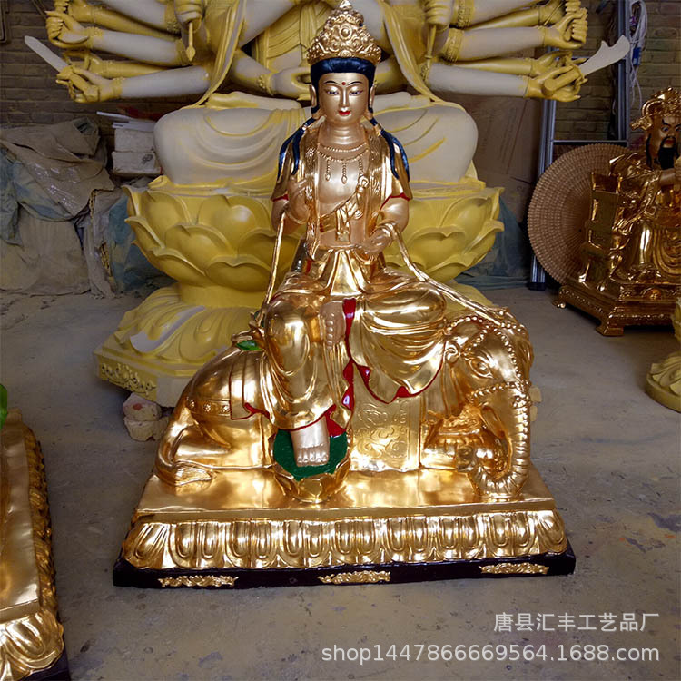 供应寺庙大型彩绘贴金佛像雕塑 1.5米高黄铜文殊普贤佛像厂家定制