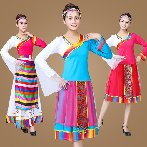 2019 Square Dance Costume New Middle-Aged Spring and Summer Performance Suit Milky Silk Ethnic Dance Large Swing Skirt Short Skirt