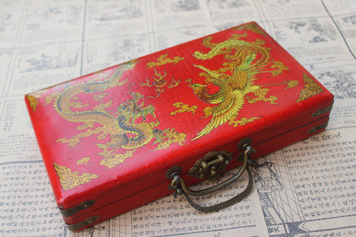 Antique 13-level beech wood abacus with dragon and phoenix pattern wooden box retro gift nostalgic abacus leather box gift