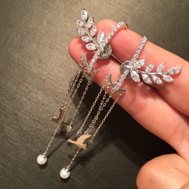 S925 Silver Needle Wheat Earrings Long Fringed Seagull Front And Rear Dual-use Earrings Super Fairy Creative Sweet Earrings display picture 2