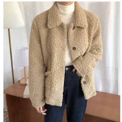 the mind2019冬季新款大顆粒羊羔毛外套簡約寬松女毛呢外套