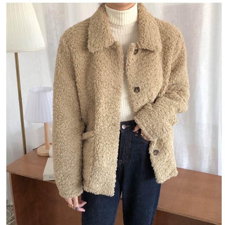 the mind2019冬季新款大顆粒羊羔毛外套簡約寬松女毛呢外套