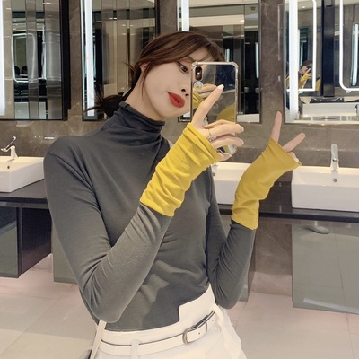 春秋2020新款網紅同款韓版時尚高領上衣潮長袖撞色修身套頭打底衫