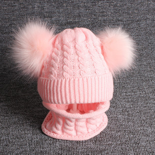 Cross-Border special for children wool hat imitation raccoon wool double ball hat scarf set new knitted hat AliExpress